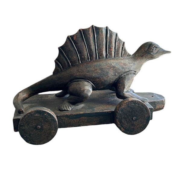 Vintage Wood Carved Black With Red Undertone Stain Dimetrodon Dinosaur On Wheels - Picture 2 of 7